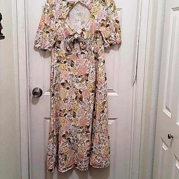 WHO WHAT WEAR WOMEN'S FLOWERS PRINT LINEN RAYON DRESS SHORT SLEEVE SZ L - Picture 3 of 10